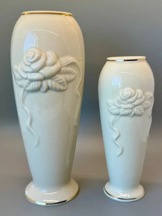 EUC vintage Lenox ivory porcelain bud vases w/embossed rose designs & gold trim