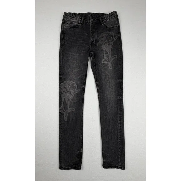 Ksubi Chitch Rose Graphic Slim Fit Jeans Washed Black Denim Mens 33