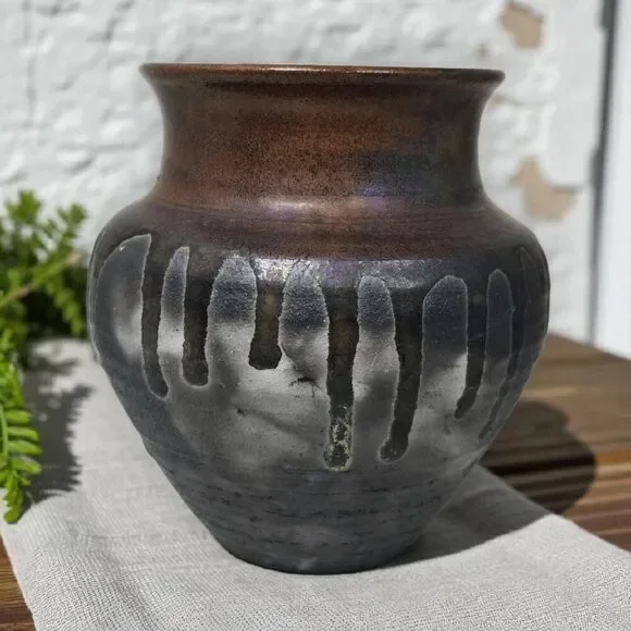 Vintage Raku Style Handmade Ceramic Brown‎ Vase 5” Signed 