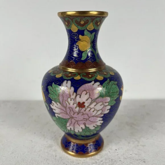Vintage Deep Blue and Pink Cloisonne Vase Asian Style Peony Flower‎ Gold Accents