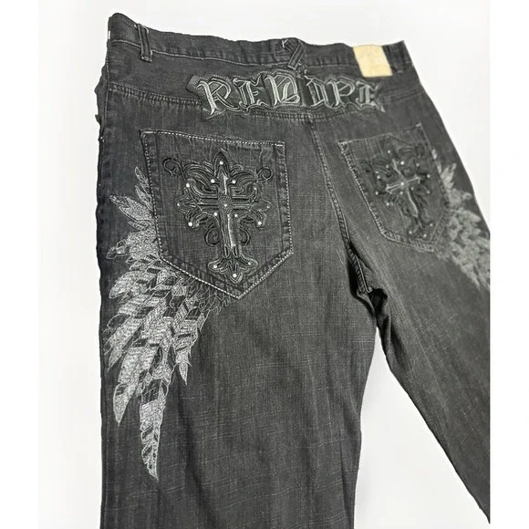 Vintage Y2K Gothic embroidered RED APE baggy jeans wide-leg streetwear 46Wx32L