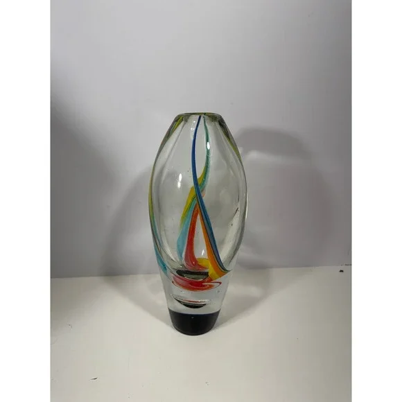 Murano Art Glass Bud Vase Sommerso Style Ribbon Swirl Blue Red Yellow VERY heavy