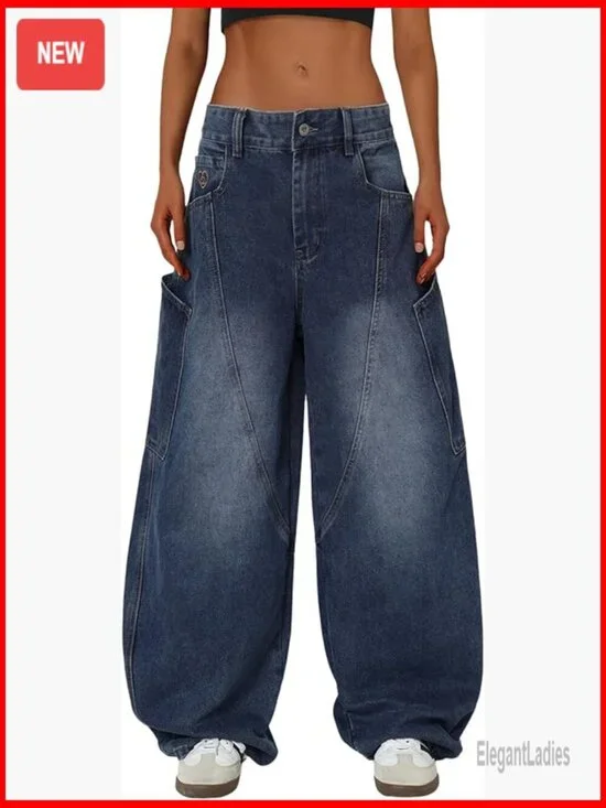 Men's Wide Leg Barrel Jeans with Big Pockets, Loose Fit Denim Pants