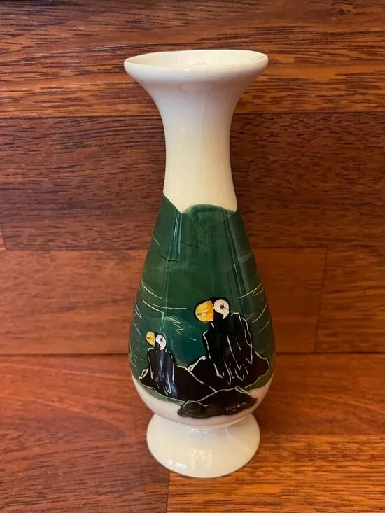 Mugs & Jugs Alaska Hand Painted Pottery Vase of Puffins Coastal Scene