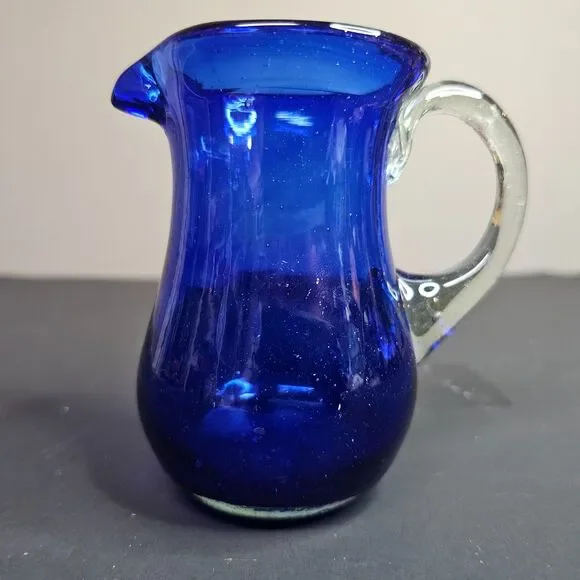 Vtg Cobalt Blue Handmade Vintage Glass Mini Pitcher Vase 4” Tall