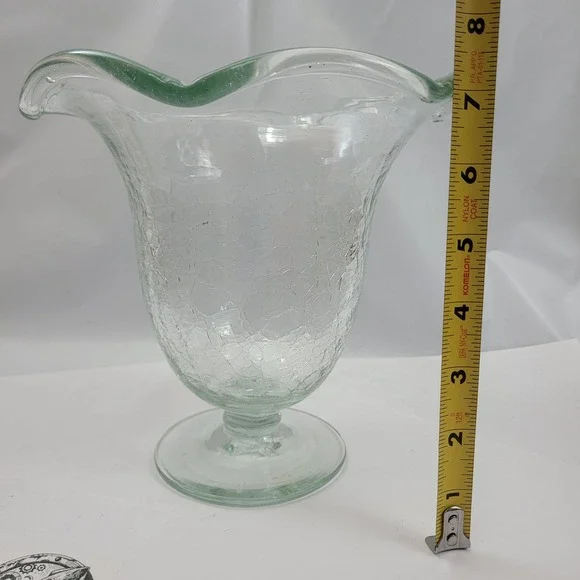 Vintage Crackle Glass Footed Vase Ruffled Rim Clear Hand Blown 7.5 Inch