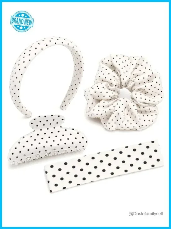 4-Piece Black & White Polka Dot Hair Accessory Set with Headbands, Claw Clip &