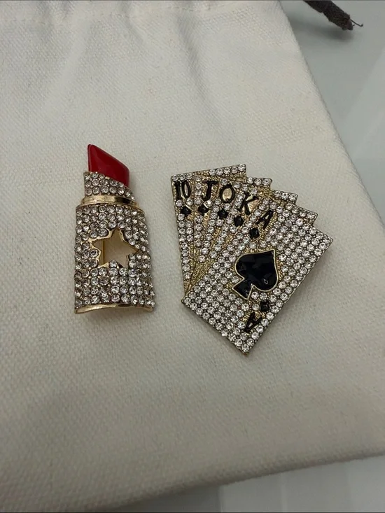 Lipstick & Playing Cards Pin Set - Gold & Red