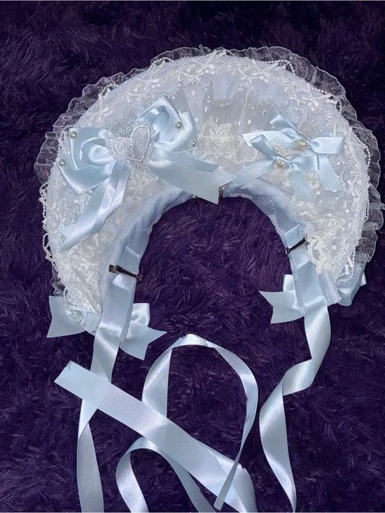 Blue Sweet Lolita Bonnet | Lace Ribbon Headpiece |