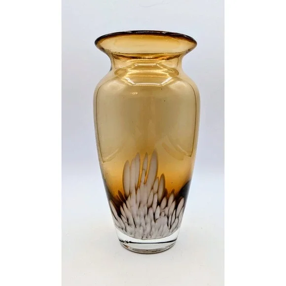 Vintage Amber Art Glass Vase White Internal Flame Design Mid Century Modern 8in