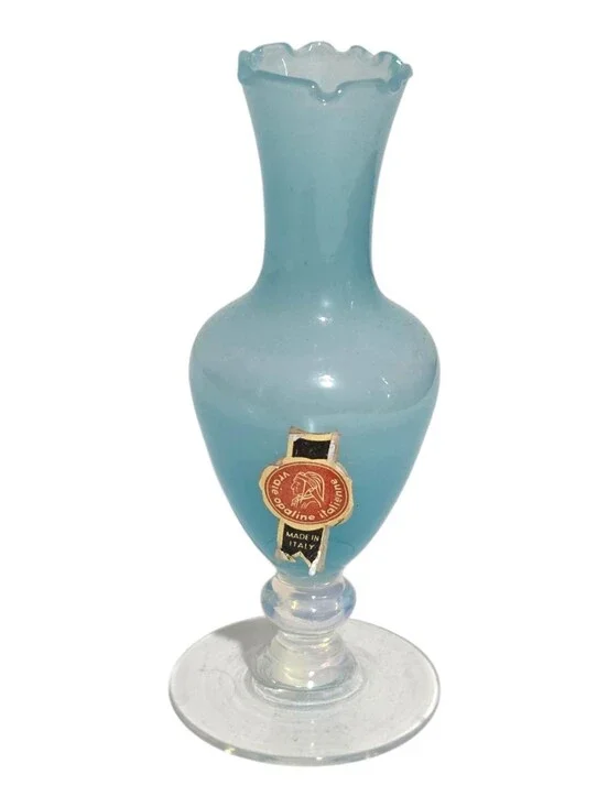 Vraie Opaline Italienne Blue Glass Miniature Bud Vase Vintage Mid-century 4.5