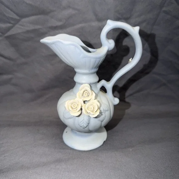 Vintage Porcelain Blue Bud   with  Raised Applied Roses and Bird