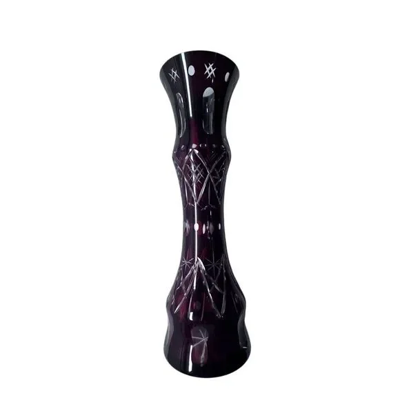 Vintage Ruby Cut Glass Boho Mid-Century Vase Floral Etched 11” Tall