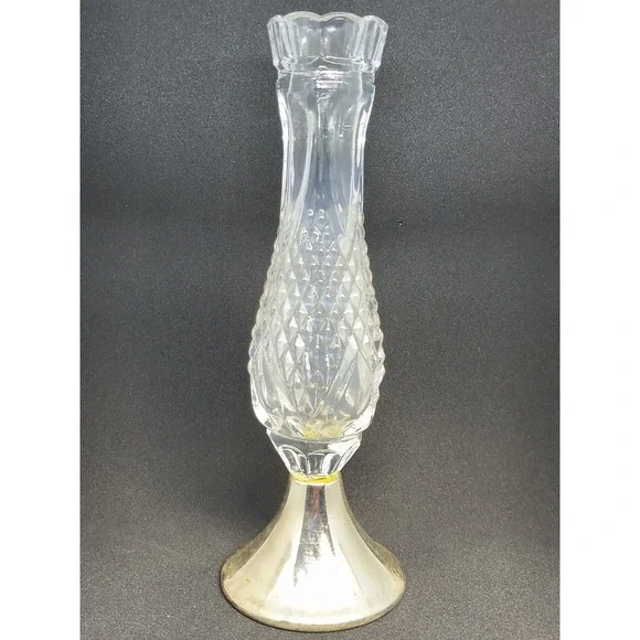 Vintage Oneida Crystal Diamond Point Cut Scalloped Bud Vase Silver Base Germany