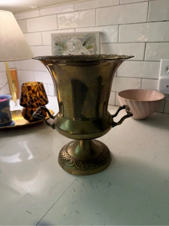 Brass Decorative Urn Vase with Ornate Handles - Brass Color