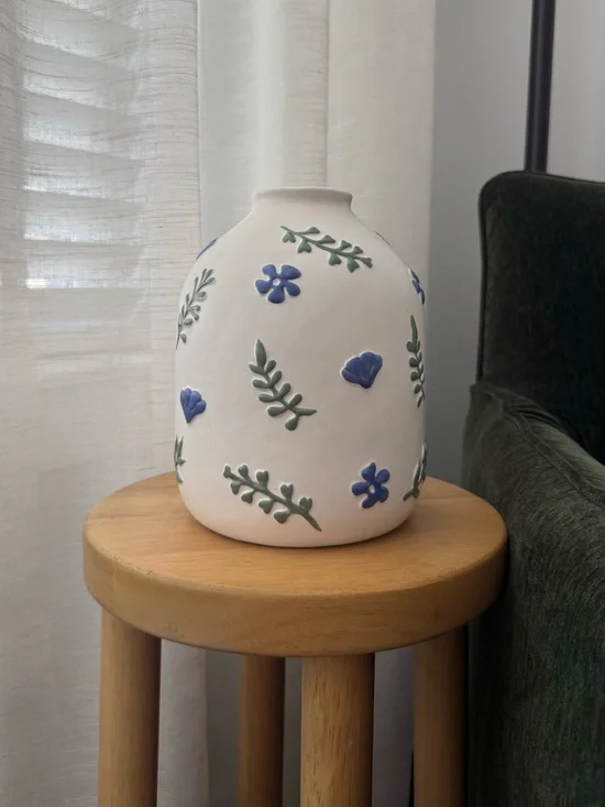 White Ceramic Bud Vase with Blue Floral
