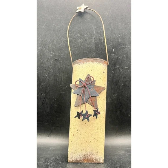 Rustic Primitive Metal Wall Pocket Hanging‎ Cone Vase Distressed Star Tan 10