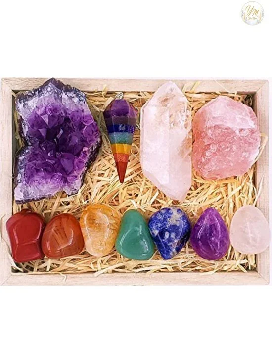 Healing Crystals Wooden Box Kit - Chakra Stones Set with Amethyst, Rose Quartz,