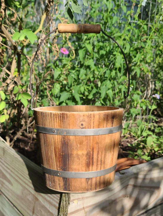 Vintage Wooden Hanging Bucket - Brown, Silver