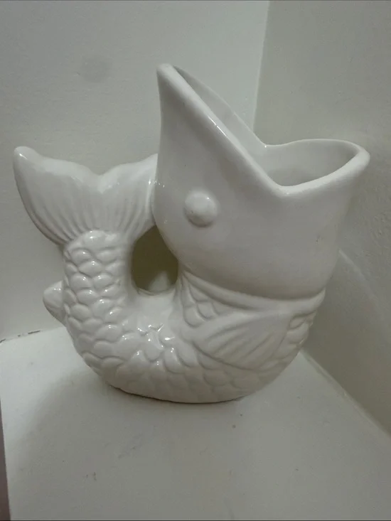 White Ceramic Mini Gluggle Jug Fish Pitcher Gurgle Pot