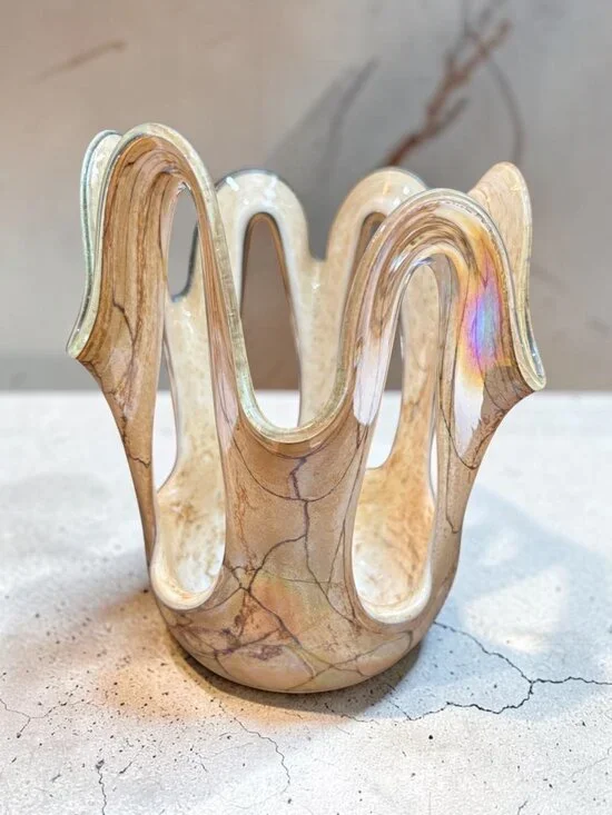 Art Glass Handkerchief Vase / candle holder, Krosno Makora Marbled Earthtone w/