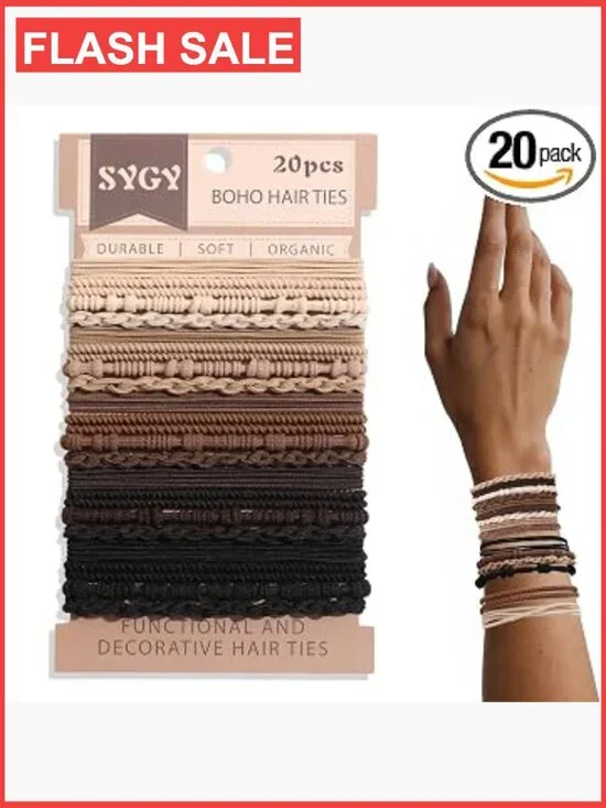 20 Boho Braided Hair Ties 2-in-1 Bracelets, No Snag Elastics for All Hair Types