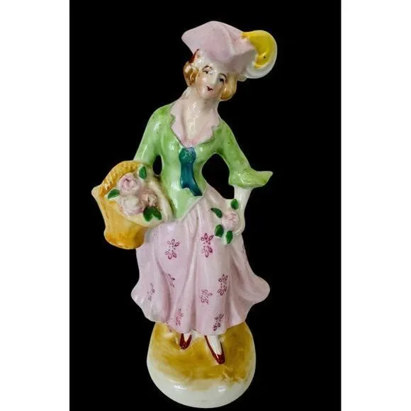 Vintage Japan‎ Colonial Victorian Figurine Woman With Basket Of Flowers