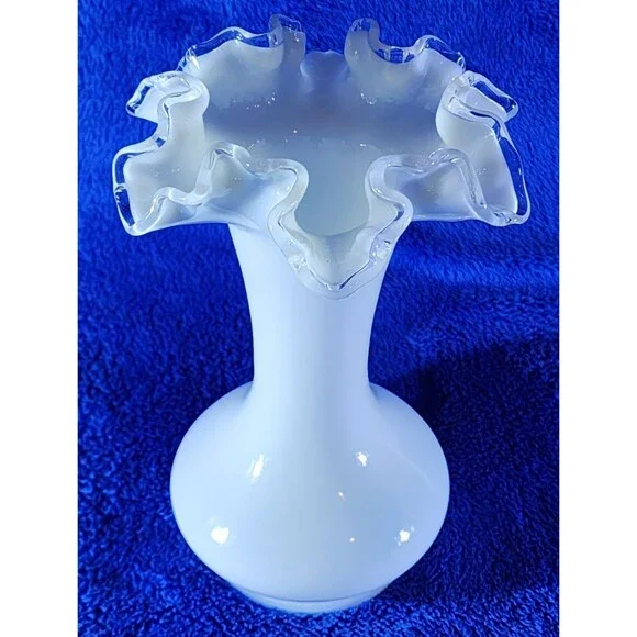 Vintage Fenton-Style Silver Crest Milk Glass Vase w/Clear Double Crimped Lip