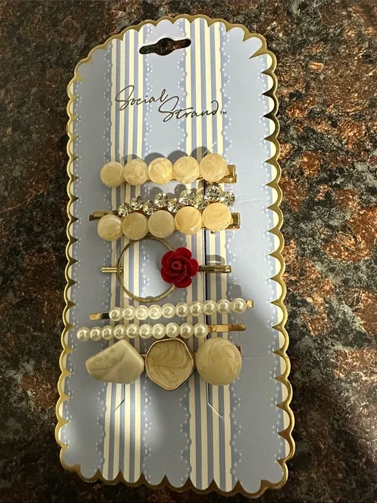 Gold and Pearl Hair Clip Set with Red Rose Accent
