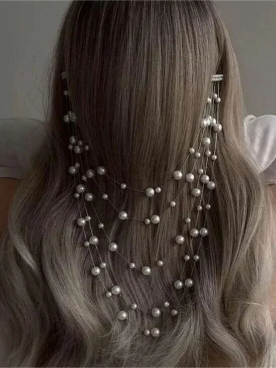 Trending! New Silver Pearl Hair Chain Hair Clip Wedding Festival Boho (4002)
