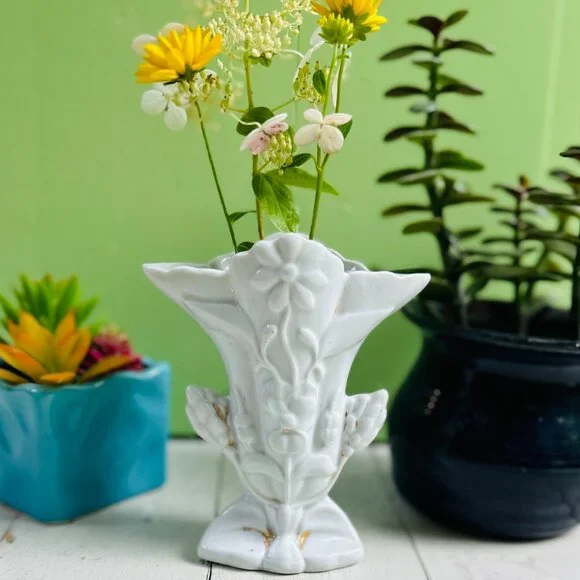 Vintage White Porcelain Floral Vase Embossed Gold Gilt Romantic Cottage Decor