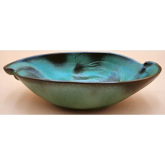 Vintage FRANKOMA Pottery Bowl #202 Prairie Brown Green Oval Serving Fruit Bowl