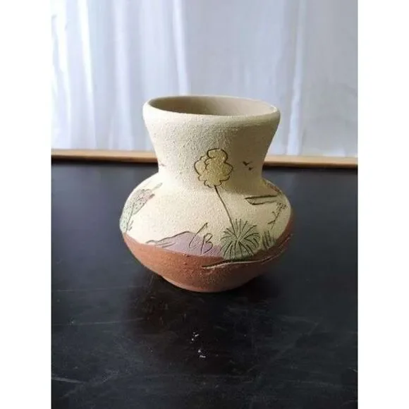 Vintage Southwestern style Painted terracotta vase with desert scene