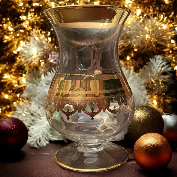 Vintage SC Line Italy 24K Gold Encrusted Crystal Hurricane Vase