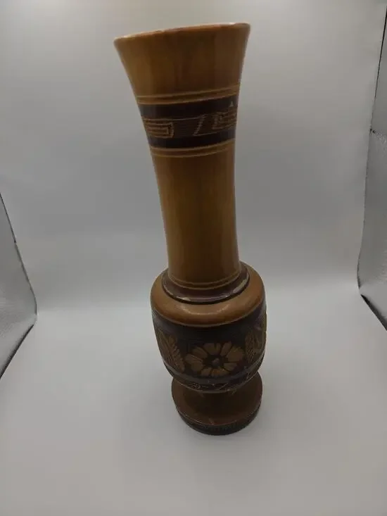 Vintage Hand Carved Wooden Vase 10” Tall Light and Dark Colors of Natural Wood