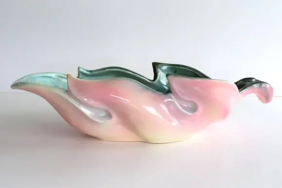 Vintage Hull Leaf Console Bowl USA 78 Pink and Green MCM Art Pottery Centerpiece