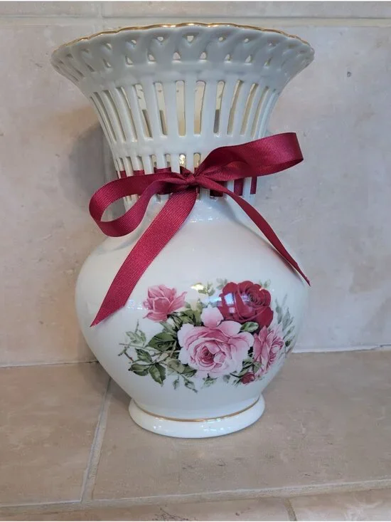 Formalities by Baum Bros. Victorian Rose Reticulated Porcelain Vase Elegant