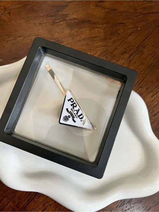 Prada White and Silver Triangle Logo Hair Clip