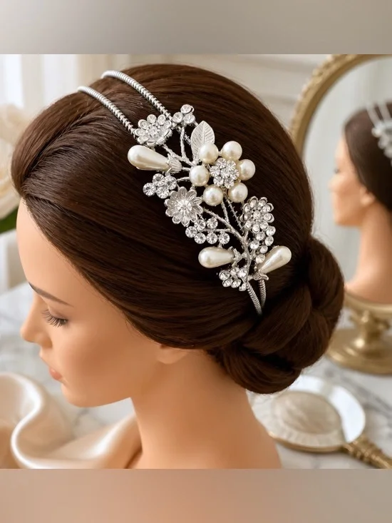 Elegant Silver-tone Faux Pearl & Crystal Floral Headband