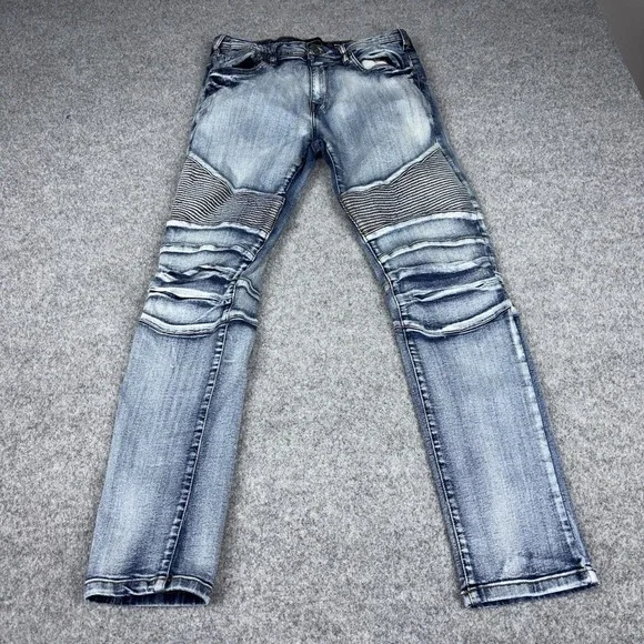 Modern Culture Moto Biker Jeans Mens 34x32 (Fits 32x32) Slim Tapered Ribbed Blue