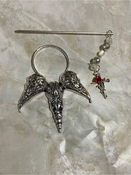 Hand Crafted Silver Crow Skull Hair Stick with Beaded Rose Accent