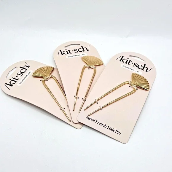 Kitsch French Hair Pin Gold Tone Metal Clam Shell Hair Accessory Lot of 3