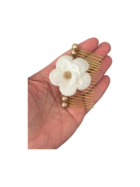 Gold Hair Comb with White Fabric Flower - Women Accessories FINAL PRICE DROP