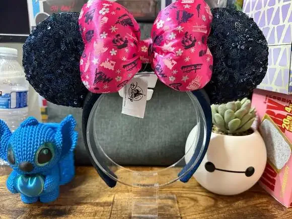 Disney Parks NWT Classic Attractions Ear Headband with Pink Bow and Navy Sequins