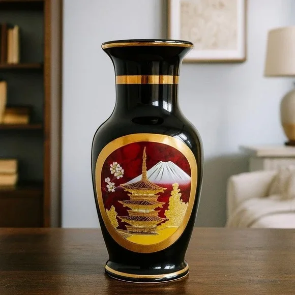 Vintage Chokin Vase Pagoda Scene Gold Gilded Japan 6.25