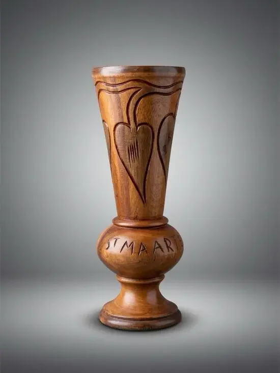 Vintage Hand Carved 9”Tall Wooden Vase Floral Designs Mahogany Falk Art