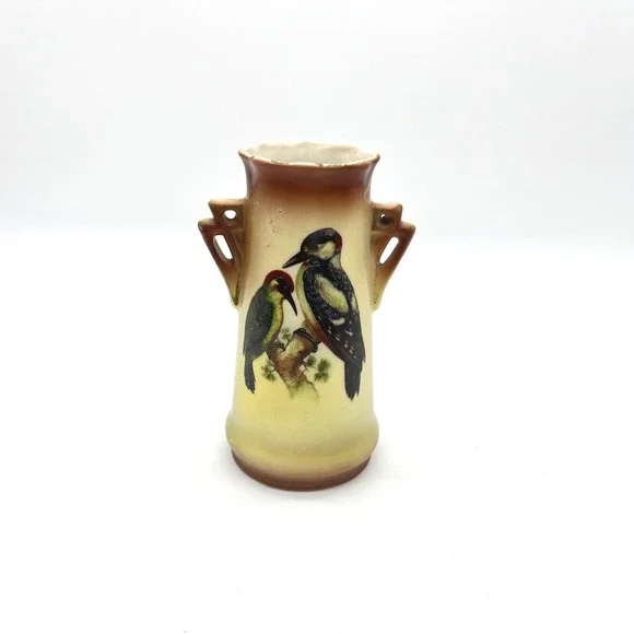 Antique Made in Czechoslovakia Woodpecker Bird Pottery Bud Vase Yellow‎ 5.5