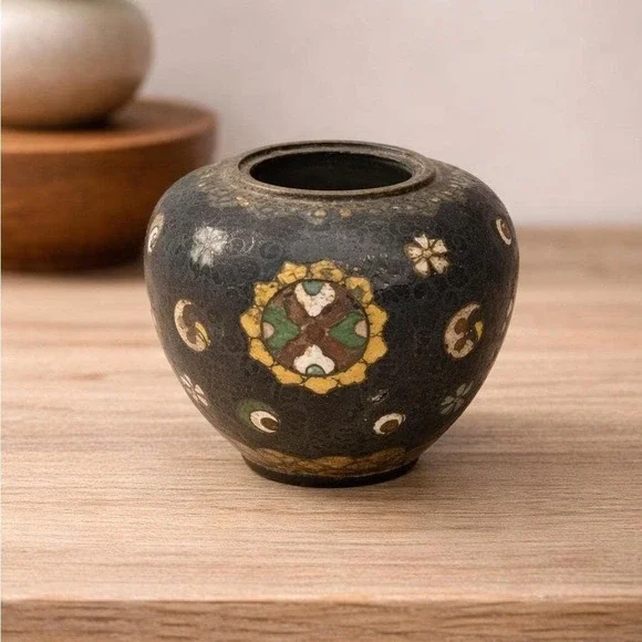 Vintage Cloisonne Mini Vase Black Floral Enamel 2.5