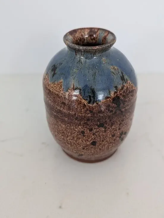 Signed Studio Pottery Jar-bottle-vase Handmade Hand-Painted Brown Blue 4.5×3
