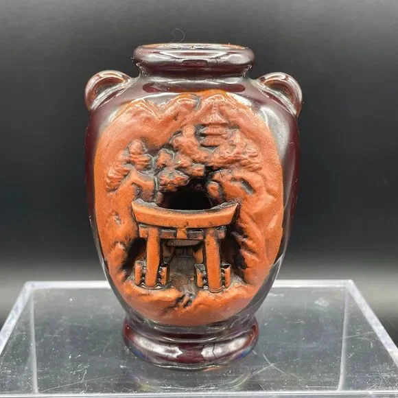 Vintage Japanese Banko Ware Carved Relief Vase Torii Gate Pine Tree